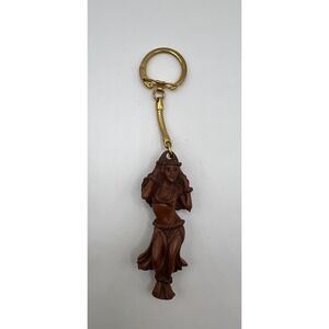 VTG Coco Joes Hawaiian Hula Girl Brown Napa Wood‎ Key Chain Made In Hawaii Tiki